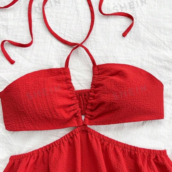 SHEIN Dreamara Red Hollow Out Back Vacation Halter Dress, NEW, Size 8/10 L - Picture 4 of 6